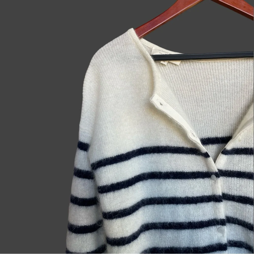 SEZANE Cream Navy Striped Mohair Alpaca Wool Reversible Gaspard Cardigan Sweater - Picture 14 of 17